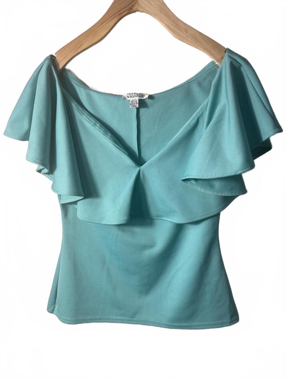 Unique Vintage Off Shoulder Ruffle Top Womens Large Blue